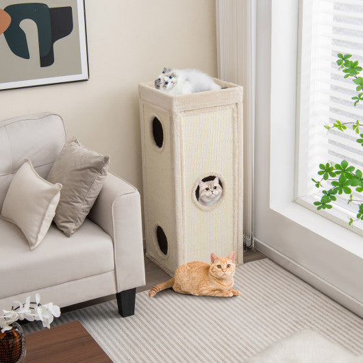 39 Inch Tall Cat Condo with Scratching Posts and 3 Hideaways and 4 Soft Plush Cushions-Natural