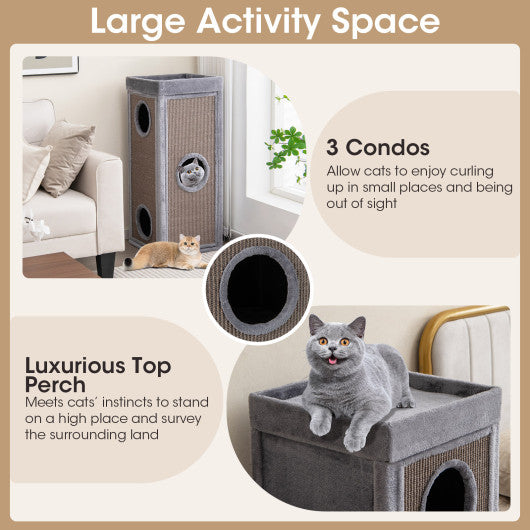 39 Inch Tall Cat Condo with Scratching Posts and 3 Hideaways and 4 Soft Plush Cushions-Gray