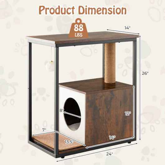 Cat Furniture End Table Cat House with Scratching Post-Rustic Brown