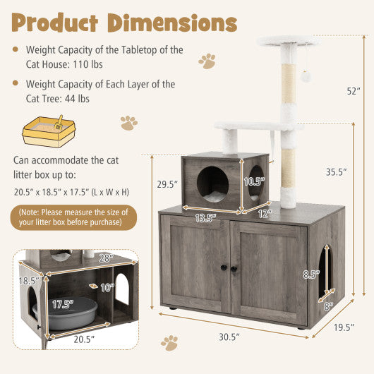 Cat Tree with Litter Box Enclosure with Cat Condo-Gray