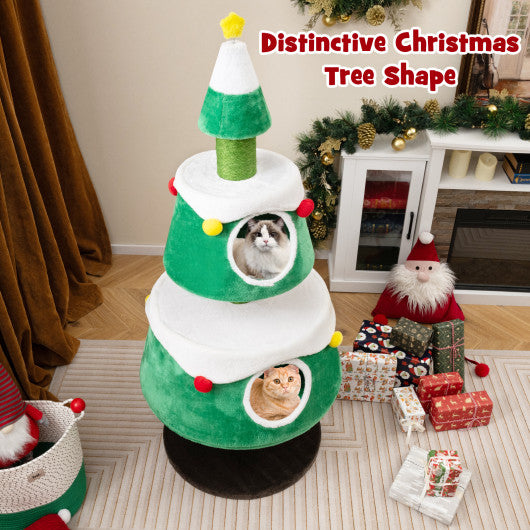 Christmas Cat Tree for Indoor Cats Cute Holiday Cat Tower with 2 Condos-Green
