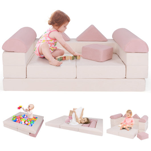 9-Piece Climb and Crawl Foam and Floor Playset with Breathable Suede Fabric-Pink