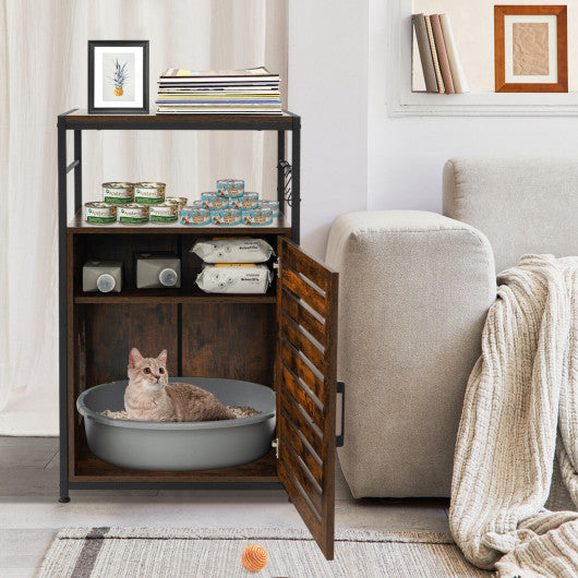 Cat Litter Box Enclosure with Louvered Door and  3-Tier Shelf-Coffee