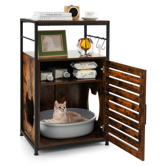 Cat Litter Box Enclosure with Louvered Door and  3-Tier Shelf-Coffee