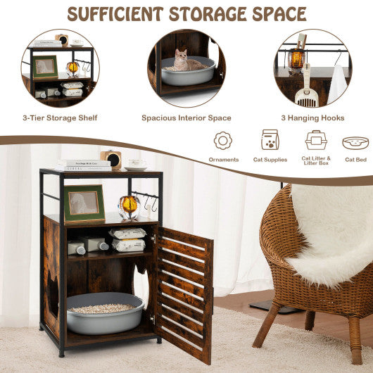 Cat Litter Box Enclosure with Louvered Door and  3-Tier Shelf-Coffee