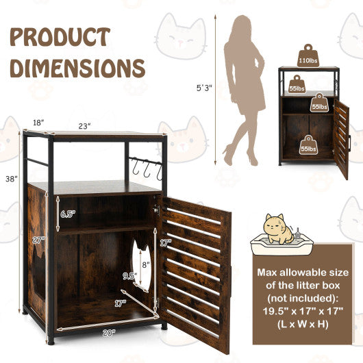 Cat Litter Box Enclosure with Louvered Door and  3-Tier Shelf-Coffee