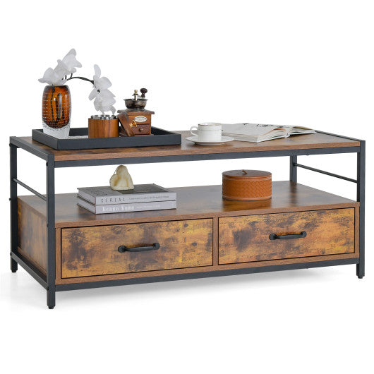 Coffee Table with 2 Drawers and Open Shelf for Living Room-Rustic Brown