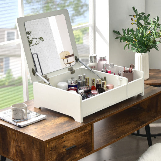 Compact Bay Window Makeup Dressing Table with Flip-Top Mirror-White
