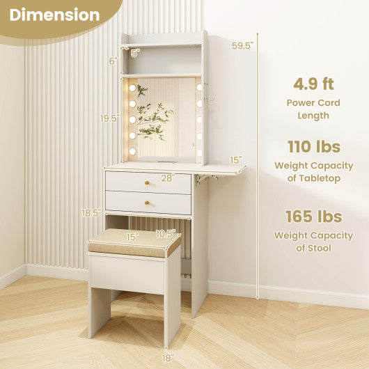 Compact Vanity Desk Set with 3-Color Lighted Mirror and Power Outlets-White