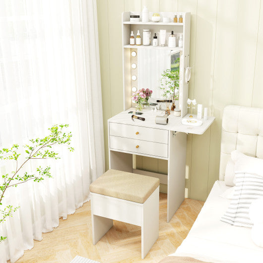 Compact Vanity Desk Set with 3-Color Lighted Mirror and Power Outlets-White