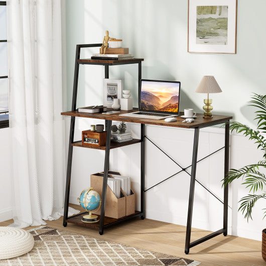 Computer Desk with Shelves and 3-Tier Storage Bookshelf-Brown