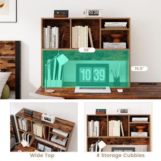 Computer Desktop Bookcase with 4 Cubbies and Open Back Compartment-Coffee