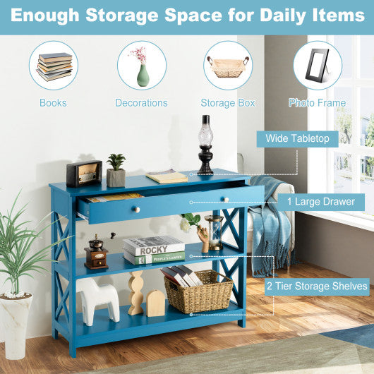 Console Table 3-Tier with Drawer and Storage Shelves-Blue