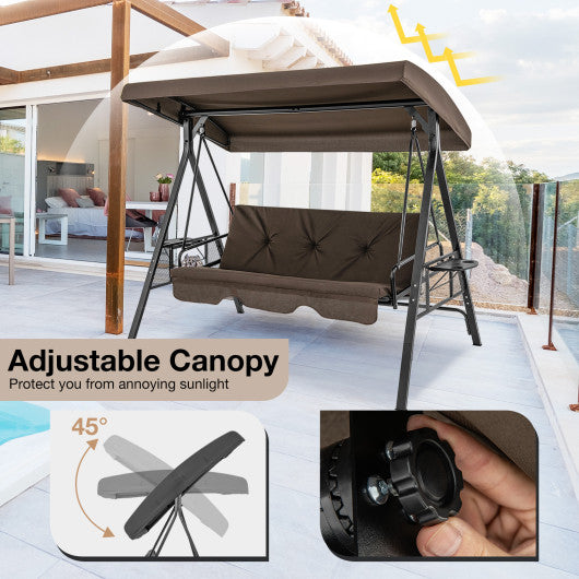 Convertible 3-Seat Patio Porch Swing Chair to Flat Bed with Adjustable Canopy-Brown