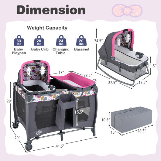 4-in-1 Convertible Portable Baby Playard Newborn Napper with Music and Toys-Pink