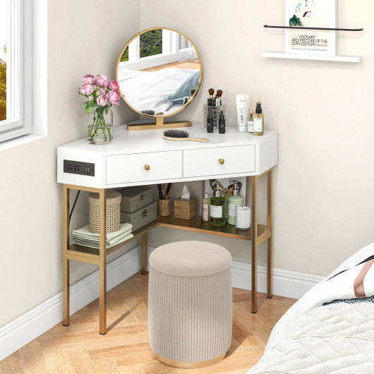 Triangle Corner Desk with Charging Station with 2 Drawers and Storage Shelf-Golden