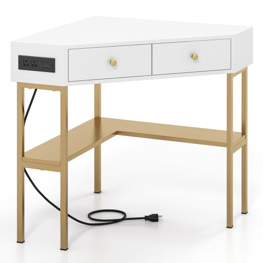 Triangle Corner Desk with Charging Station with 2 Drawers and Storage Shelf-Golden