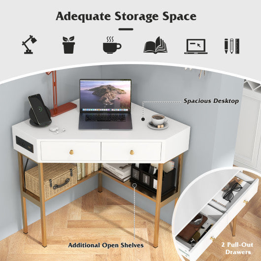 Triangle Corner Desk with Charging Station with 2 Drawers and Storage Shelf-Golden