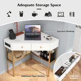 Triangle Corner Desk with Charging Station with 2 Drawers and Storage Shelf-Golden