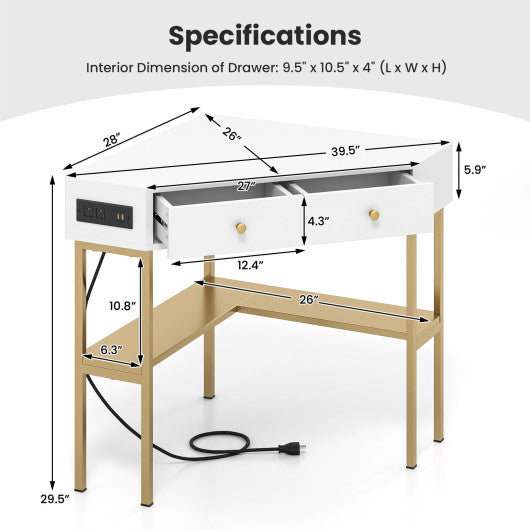 Triangle Corner Desk with Charging Station with 2 Drawers and Storage Shelf-Golden