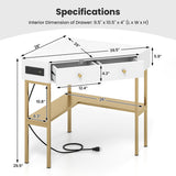 Triangle Corner Desk with Charging Station with 2 Drawers and Storage Shelf-Golden