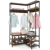 Corner Garment Rack with Open Shelves and 7 Hooks Shoe Bench-Rustic Brown