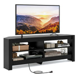 Corner TV Stand with Power Outlet and 4 Open Storage Shelves-Black