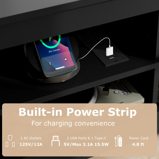 Corner TV Stand with Power Outlet and 4 Open Storage Shelves-Black