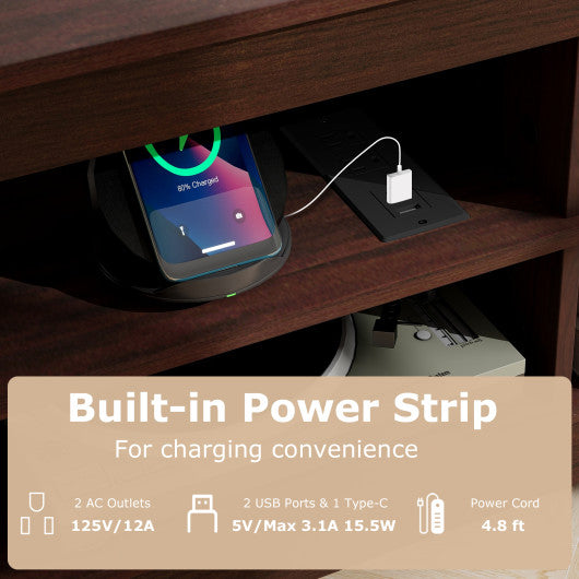 Corner TV Stand with Power Outlet and 4 Open Storage Shelves-Brown