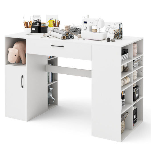 Counter Height Sewing Craft Table Computer Desk with Adjustable Shelves and Drawer-White