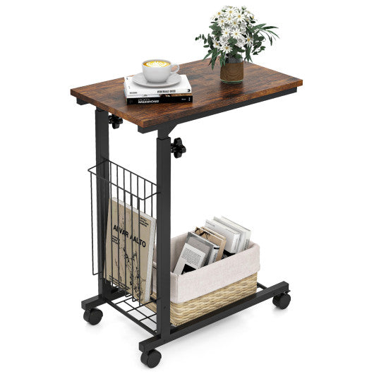 C-shape Sofa Side Table with Storage Basket-Rustic Brown