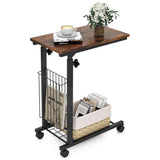 C-shape Sofa Side Table with Storage Basket-Rustic Brown
