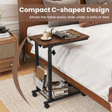 C-shape Sofa Side Table with Storage Basket-Rustic Brown