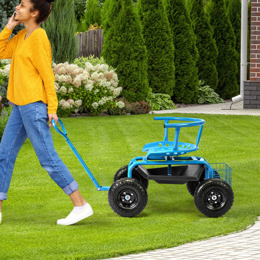 Cushioned Rolling Garden Cart Scooter with Storage Basket and Tool Pouch-Blue