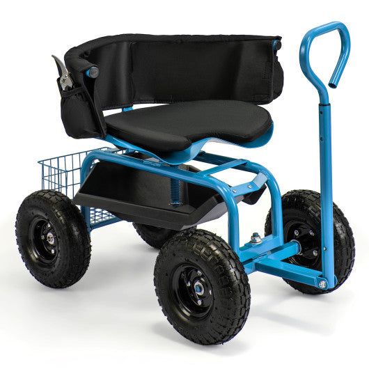 Cushioned Rolling Garden Cart Scooter with Storage Basket and Tool Pouch-Blue