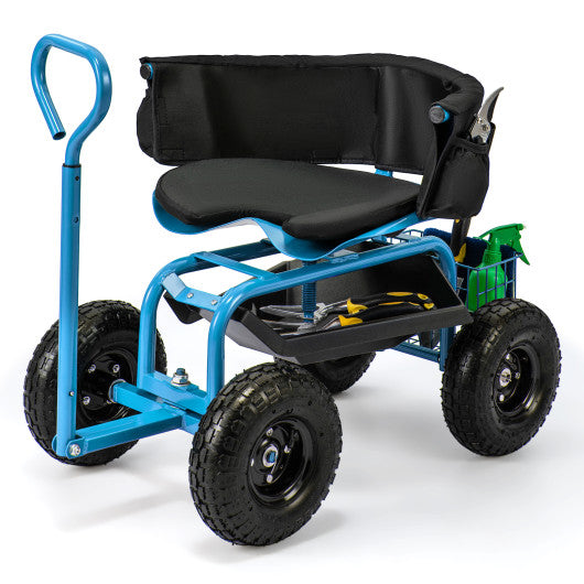 Cushioned Rolling Garden Cart Scooter with Storage Basket and Tool Pouch-Blue