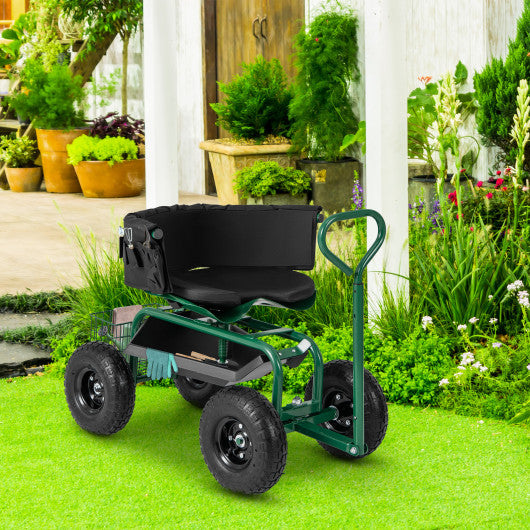 Cushioned Rolling Garden Cart Scooter with Storage Basket and Tool Pouch-Green