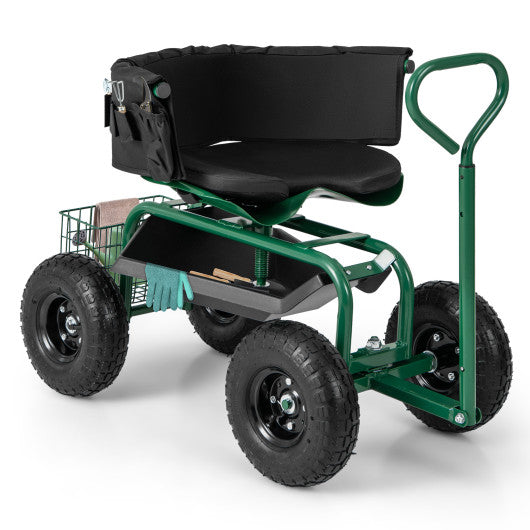 Cushioned Rolling Garden Cart Scooter with Storage Basket and Tool Pouch-Green