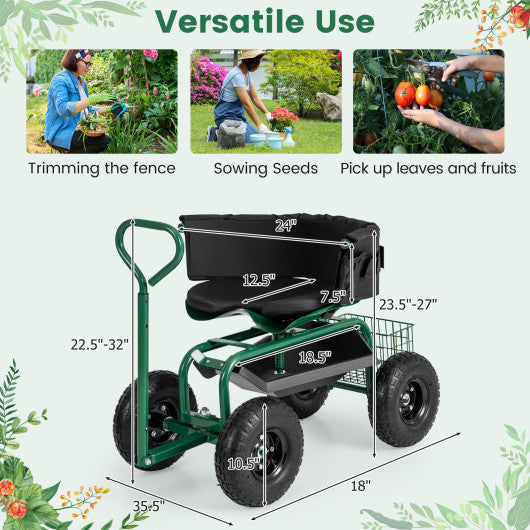 Cushioned Rolling Garden Cart Scooter with Storage Basket and Tool Pouch-Green