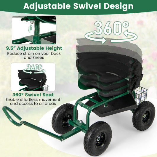 Cushioned Rolling Garden Cart Scooter with Storage Basket and Tool Pouch-Green