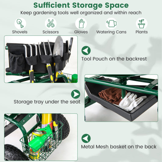 Cushioned Rolling Garden Cart Scooter with Storage Basket and Tool Pouch-Green