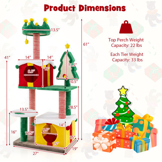 Cute Christmas Cat Tree Cat Tower for Indoor Cats with Scratching Posts and Carpet-Multicolor