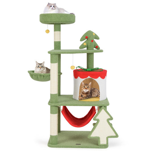 Cute Christmas Cat Tree with Sisal Scratching Posts and Gift Box Shaped Condo-Green