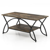 2-Tier Faux Marble Coffee Table with Marble Top and Metal Frame-Dark Brown