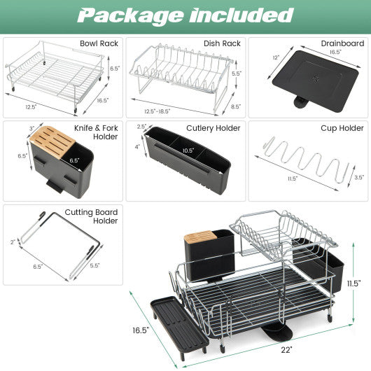 2-Tier Detachable Dish Rack with Drainboard and 360° Swivel Spout