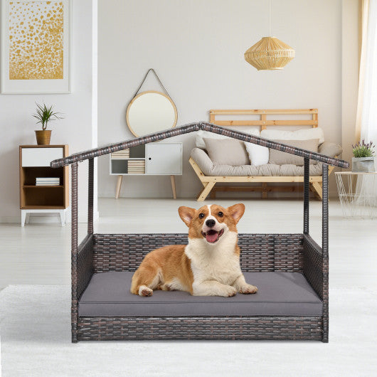 Outdoor Wicker Dog House with Weatherproof Roof-Gray