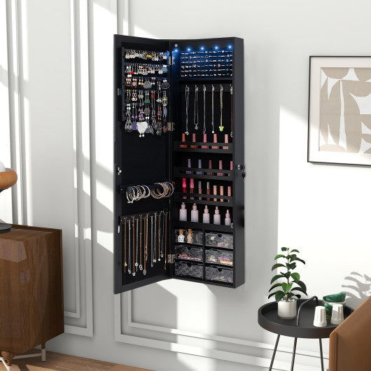 Door Hanging Mirror Jewelry Armoire with Full Length Mirror and 6 Drawers-Black