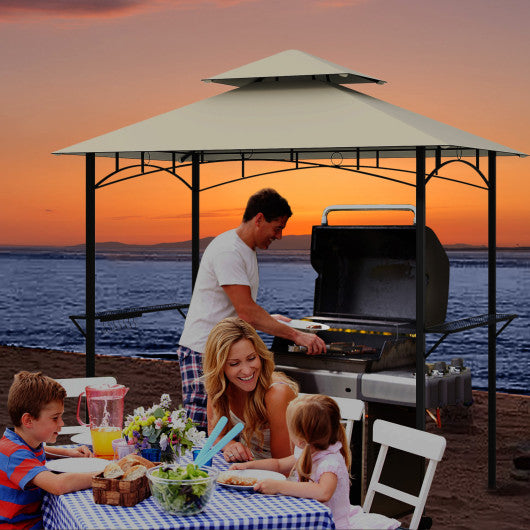 Outdoor Double-Tiered Grill Gazebo Canopy with 2 Shelves and 7 Hooks-Beige