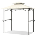 Outdoor Double-Tiered Grill Gazebo Canopy with 2 Shelves and 7 Hooks-Beige