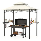 Outdoor Double-Tiered Grill Gazebo Canopy with 2 Shelves and 7 Hooks-Beige